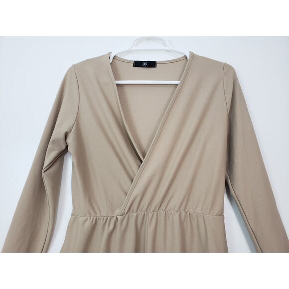 (M5) Missguided Crepe Wrap Women's Romper Size 10 Long Sleeve Short Tan - Picture 3 of 7
